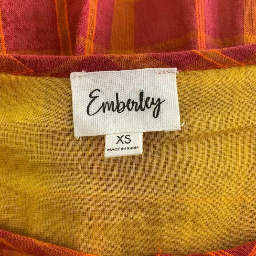 Emberley Downeast Jessica Dress XS Orange Pink Plaid Button Front Bell Sleeves - Picture 5 of 6